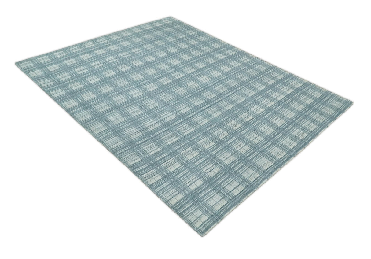 8x10 Hand Made Checkered Ivory and Blue Blended Wool Flatwoven Area Rug