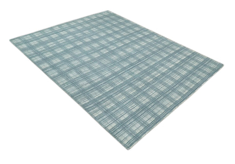 8x10 Hand Made Checkered Ivory and Blue Blended Wool Flatwoven Area Rug