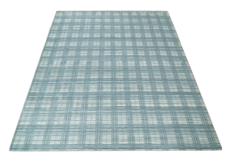 8x10 Hand Made Checkered Ivory and Blue Blended Wool Flatwoven Area Rug