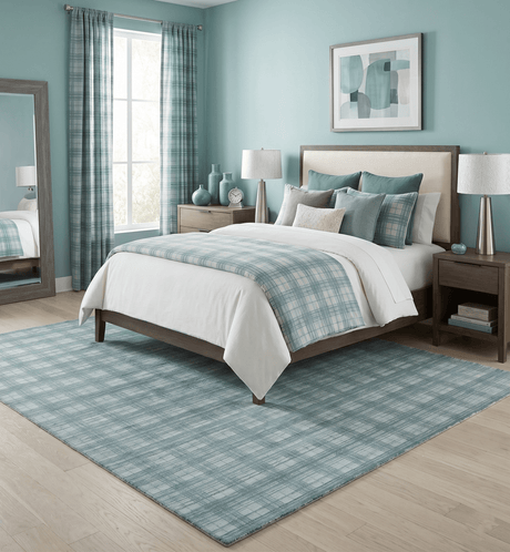 8x10 Hand Made Checkered Ivory and Blue Blended Wool Flatwoven Area Rug