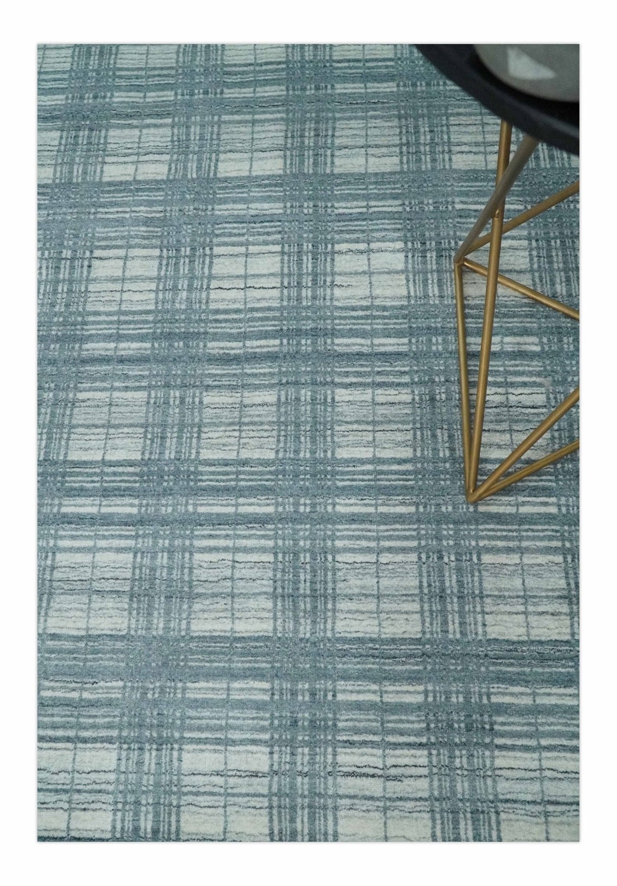 8x10 Hand Made Checkered Ivory and Blue Blended Wool Flatwoven Area Rug