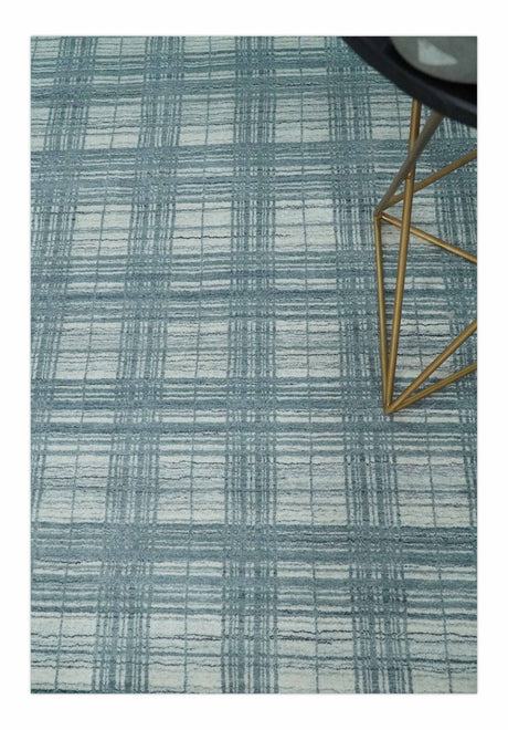 8x10 Hand Made Checkered Ivory and Blue Blended Wool Flatwoven Area Rug