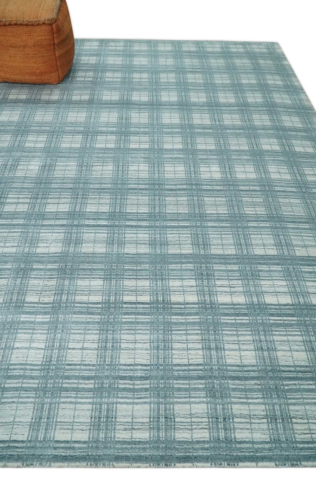 8x10 Hand Made Checkered Ivory and Blue Blended Wool Flatwoven Area Rug