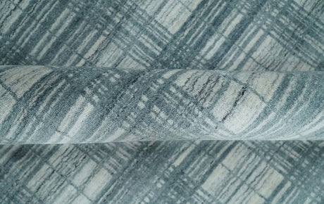 8x10 Hand Made Checkered Ivory and Blue Blended Wool Flatwoven Area Rug