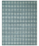 8x10 Hand Made Checkered Ivory and Blue Blended Wool Flatwoven Area Rug