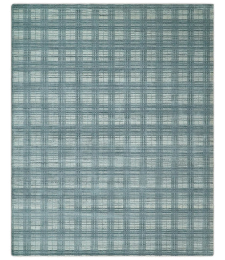 8x10 Hand Made Checkered Ivory and Blue Blended Wool Flatwoven Area Rug