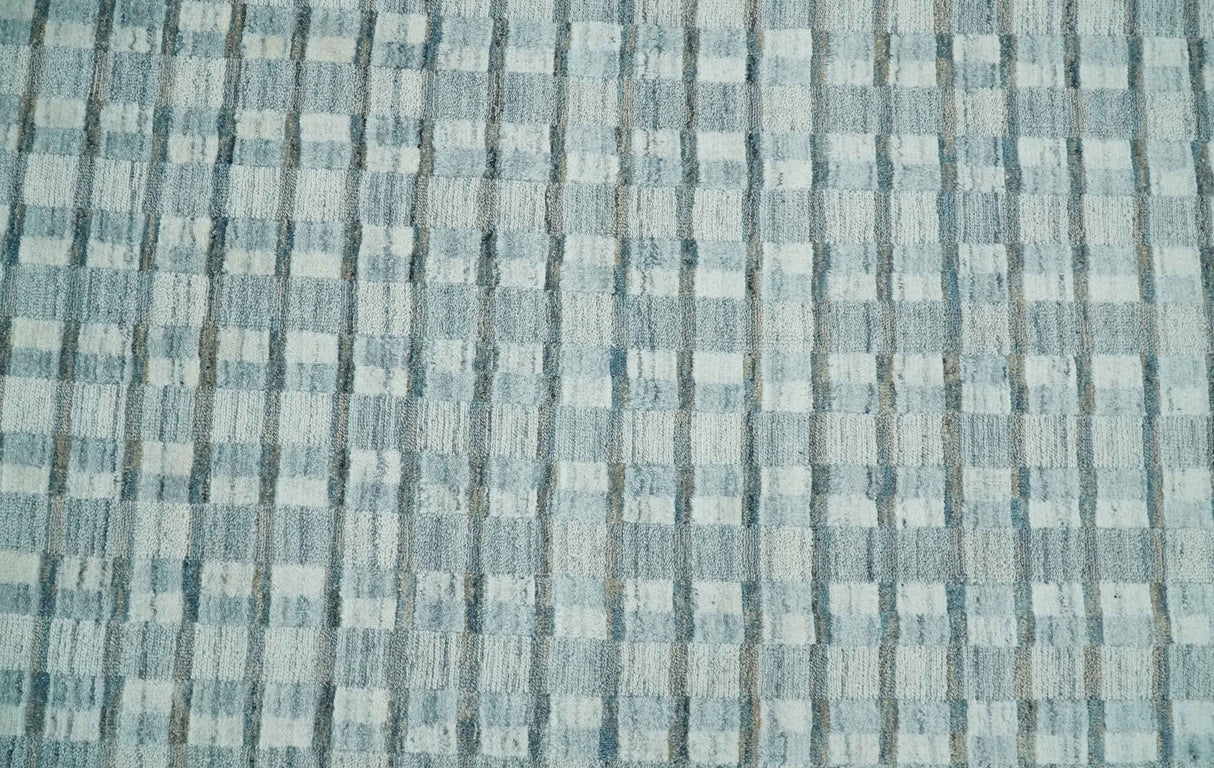 8x10 Hand Made Checkered Ivory, Teal and Gray Blended Wool Flatwoven Area Rug