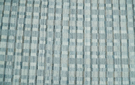 8x10 Hand Made Checkered Ivory, Teal and Gray Blended Wool Flatwoven Area Rug