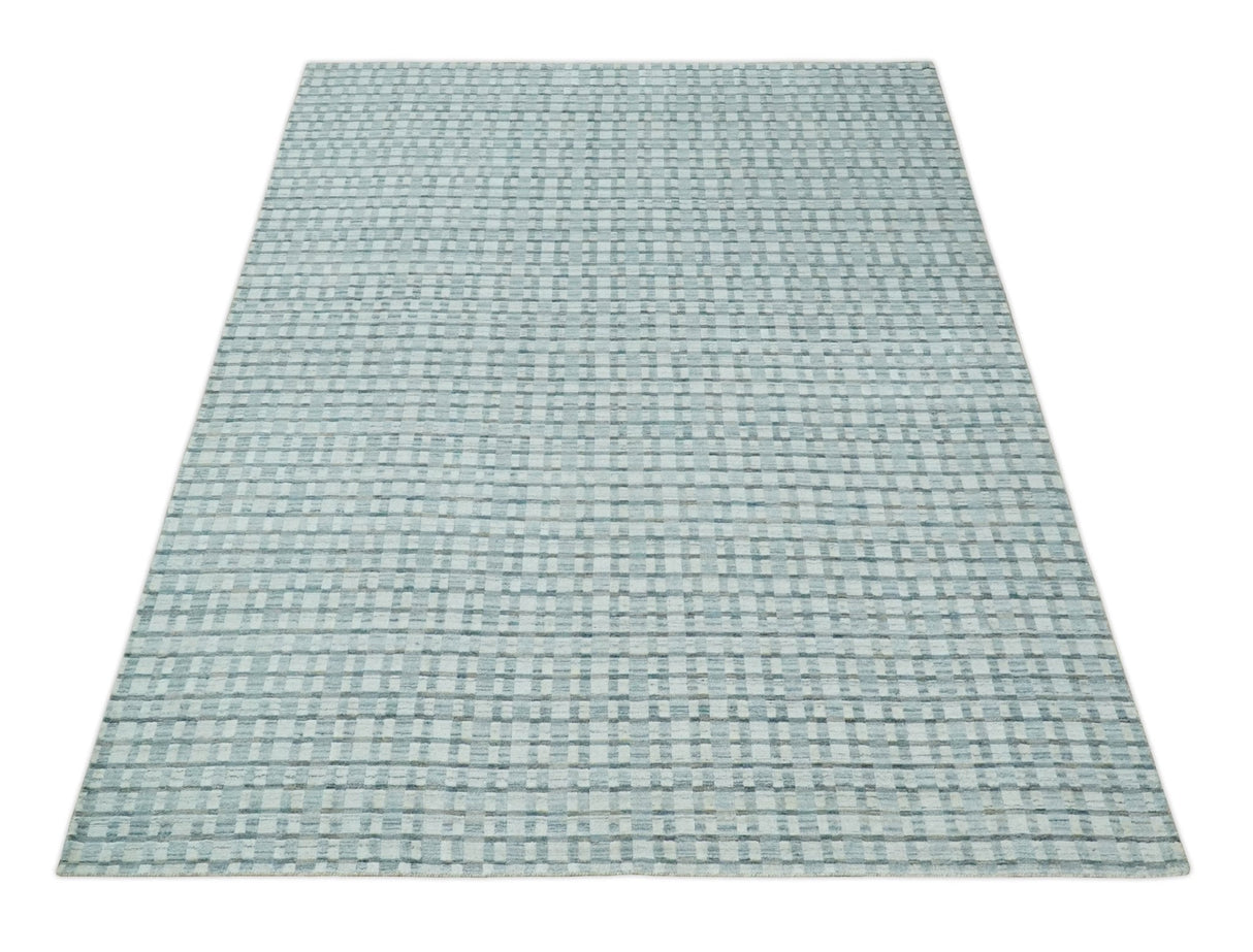 8x10 Hand Made Checkered Ivory, Teal and Gray Blended Wool Flatwoven Area Rug