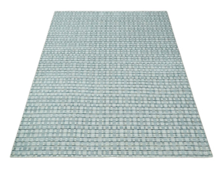 8x10 Hand Made Checkered Ivory, Teal and Gray Blended Wool Flatwoven Area Rug