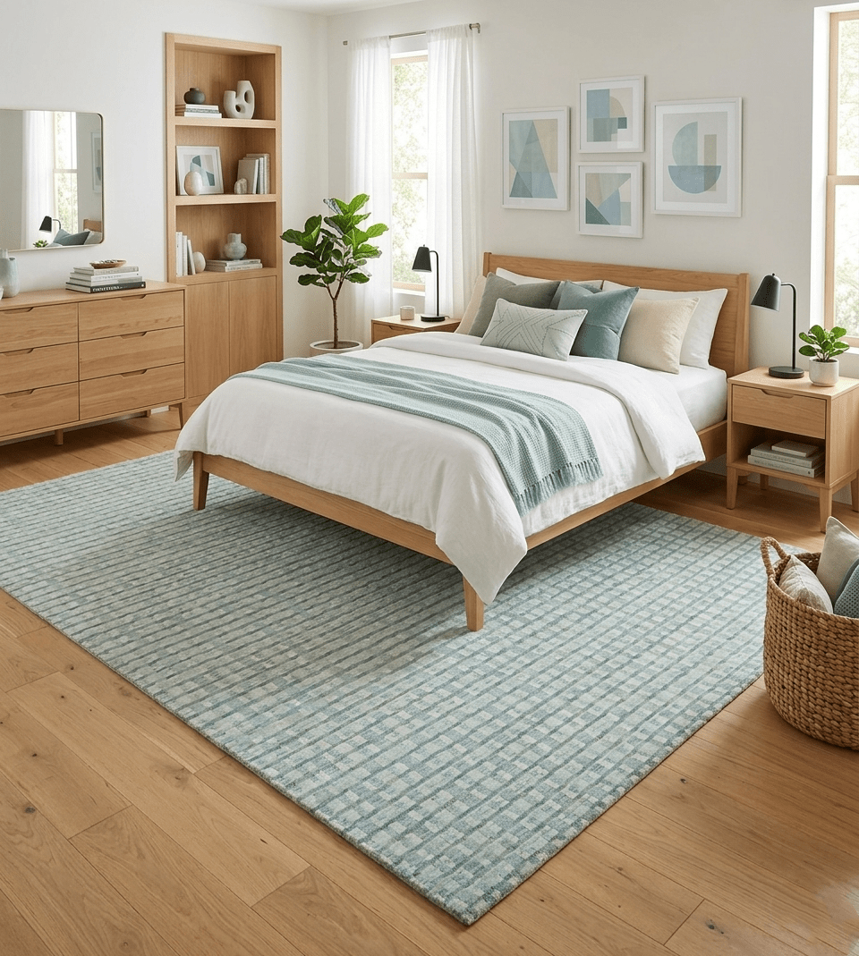 8x10 Hand Made Checkered Ivory, Teal and Gray Blended Wool Flatwoven Area Rug
