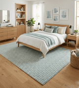 8x10 Hand Made Checkered Ivory, Teal and Gray Blended Wool Flatwoven Area Rug