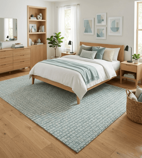 8x10 Hand Made Checkered Ivory, Teal and Gray Blended Wool Flatwoven Area Rug