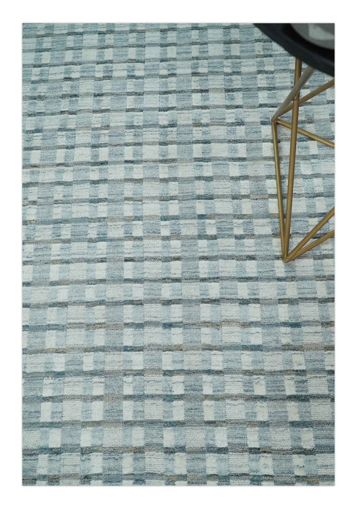 8x10 Hand Made Checkered Ivory, Teal and Gray Blended Wool Flatwoven Area Rug