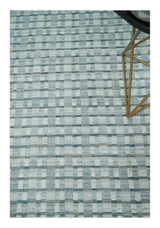 8x10 Hand Made Checkered Ivory, Teal and Gray Blended Wool Flatwoven Area Rug