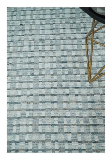 8x10 Hand Made Checkered Ivory, Teal and Gray Blended Wool Flatwoven Area Rug