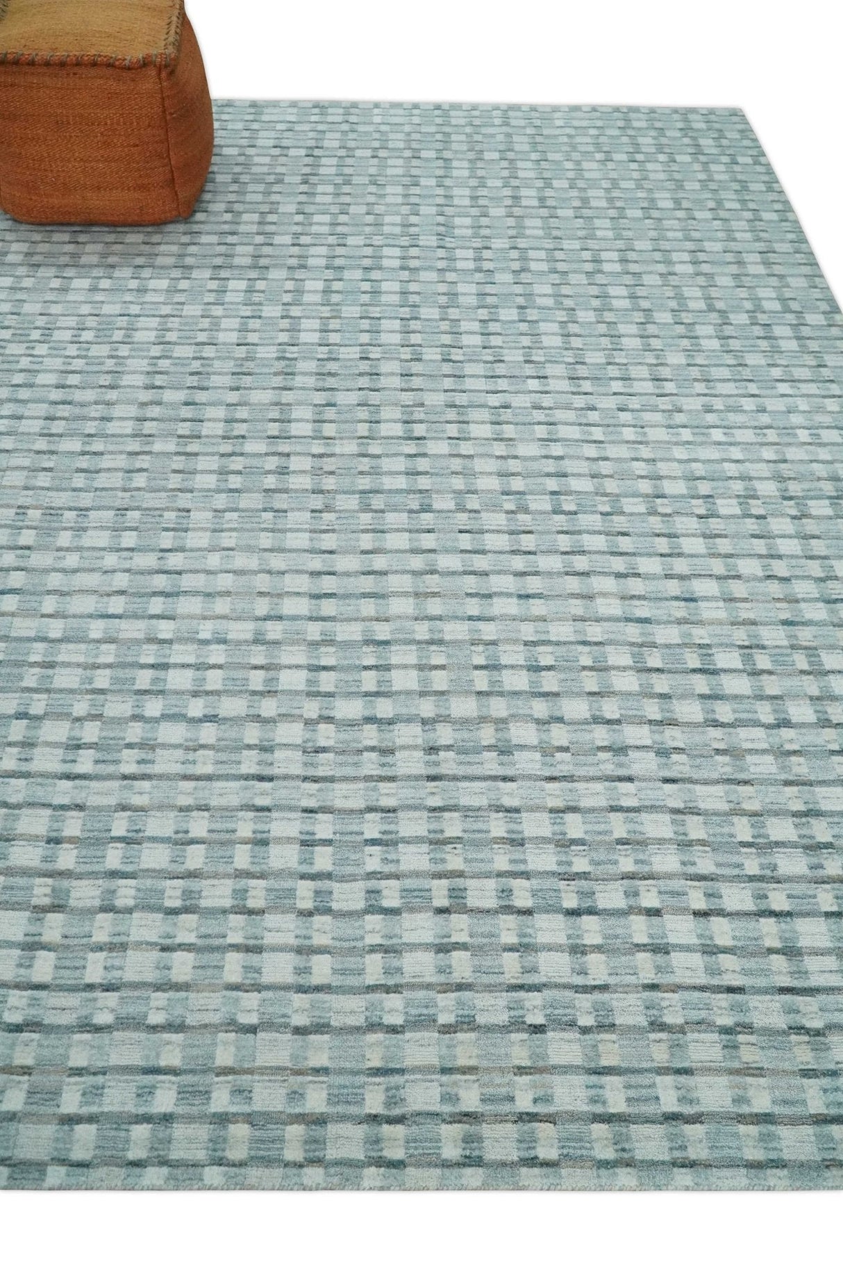 8x10 Hand Made Checkered Ivory, Teal and Gray Blended Wool Flatwoven Area Rug