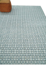8x10 Hand Made Checkered Ivory, Teal and Gray Blended Wool Flatwoven Area Rug