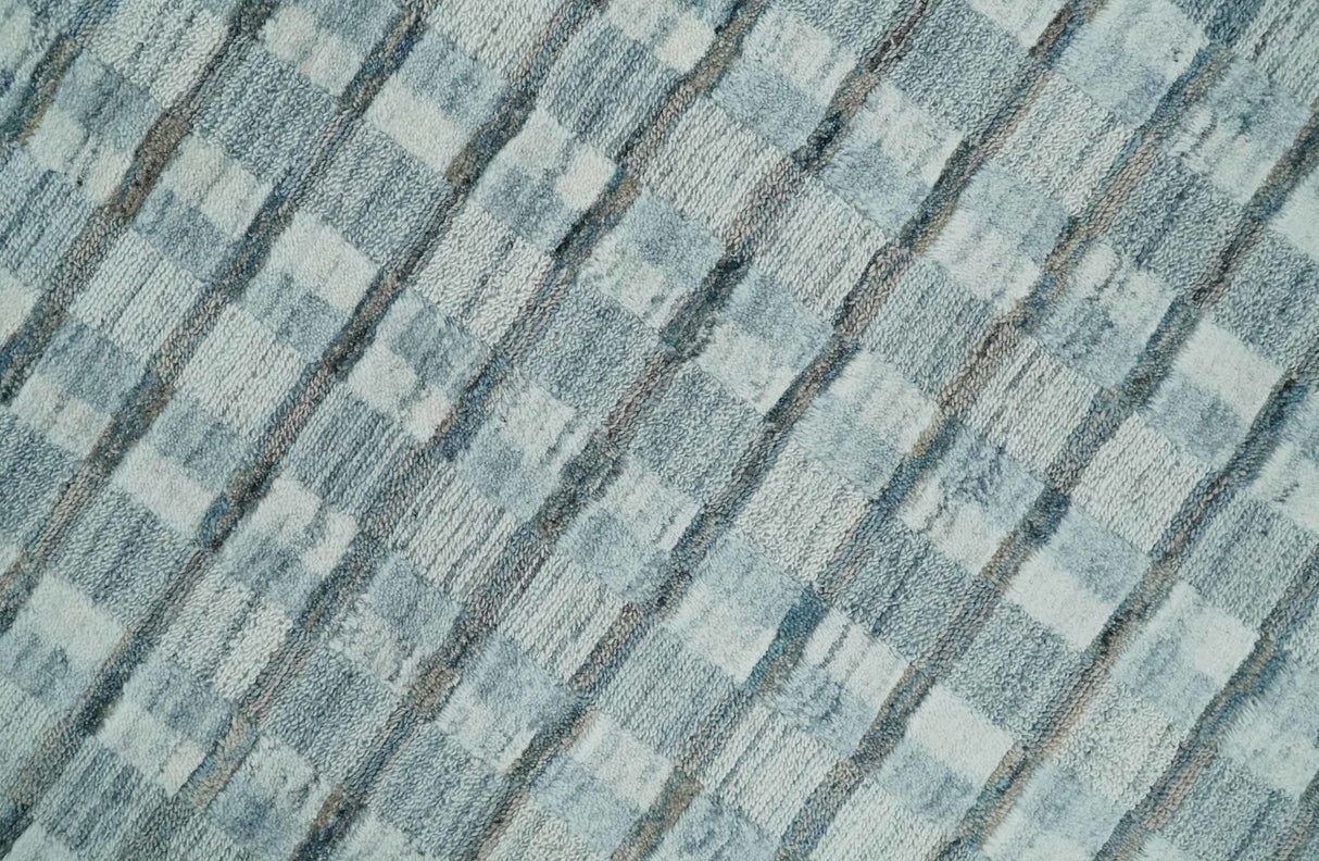 8x10 Hand Made Checkered Ivory, Teal and Gray Blended Wool Flatwoven Area Rug