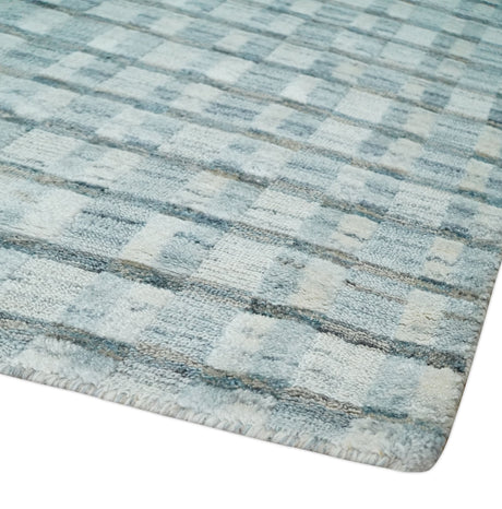 8x10 Hand Made Checkered Ivory, Teal and Gray Blended Wool Flatwoven Area Rug