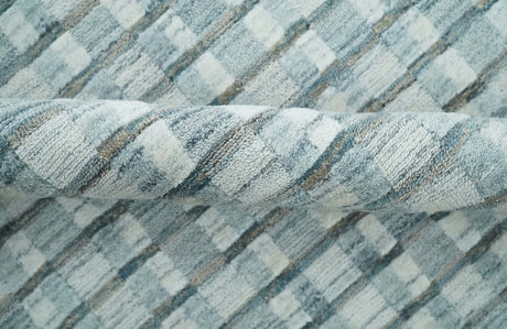 8x10 Hand Made Checkered Ivory, Teal and Gray Blended Wool Flatwoven Area Rug