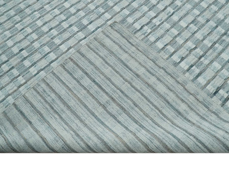 8x10 Hand Made Checkered Ivory, Teal and Gray Blended Wool Flatwoven Area Rug