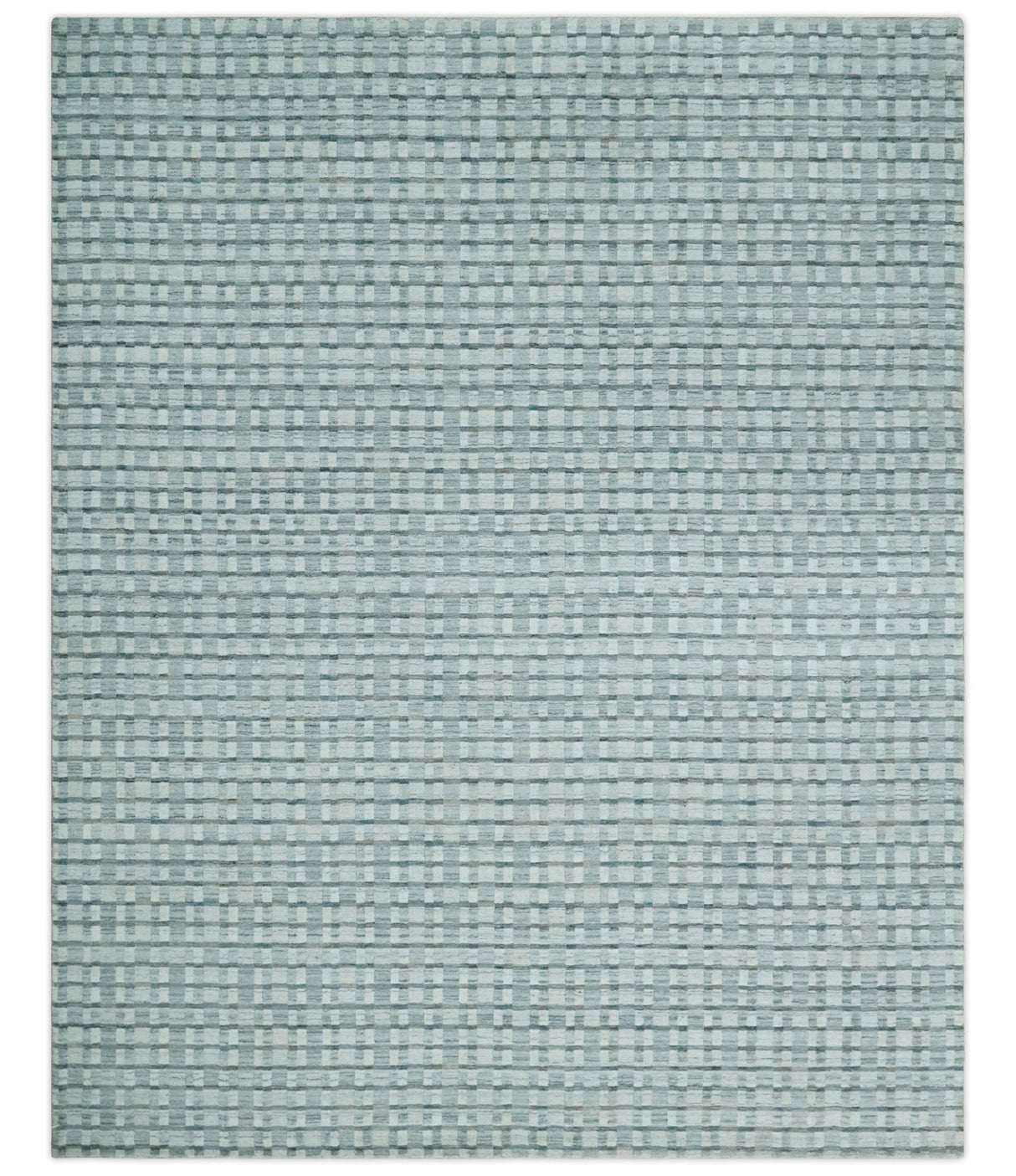 8x10 Hand Made Checkered Ivory, Teal and Gray Blended Wool Flatwoven Area Rug