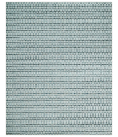 8x10 Hand Made Checkered Ivory, Teal and Gray Blended Wool Flatwoven Area Rug