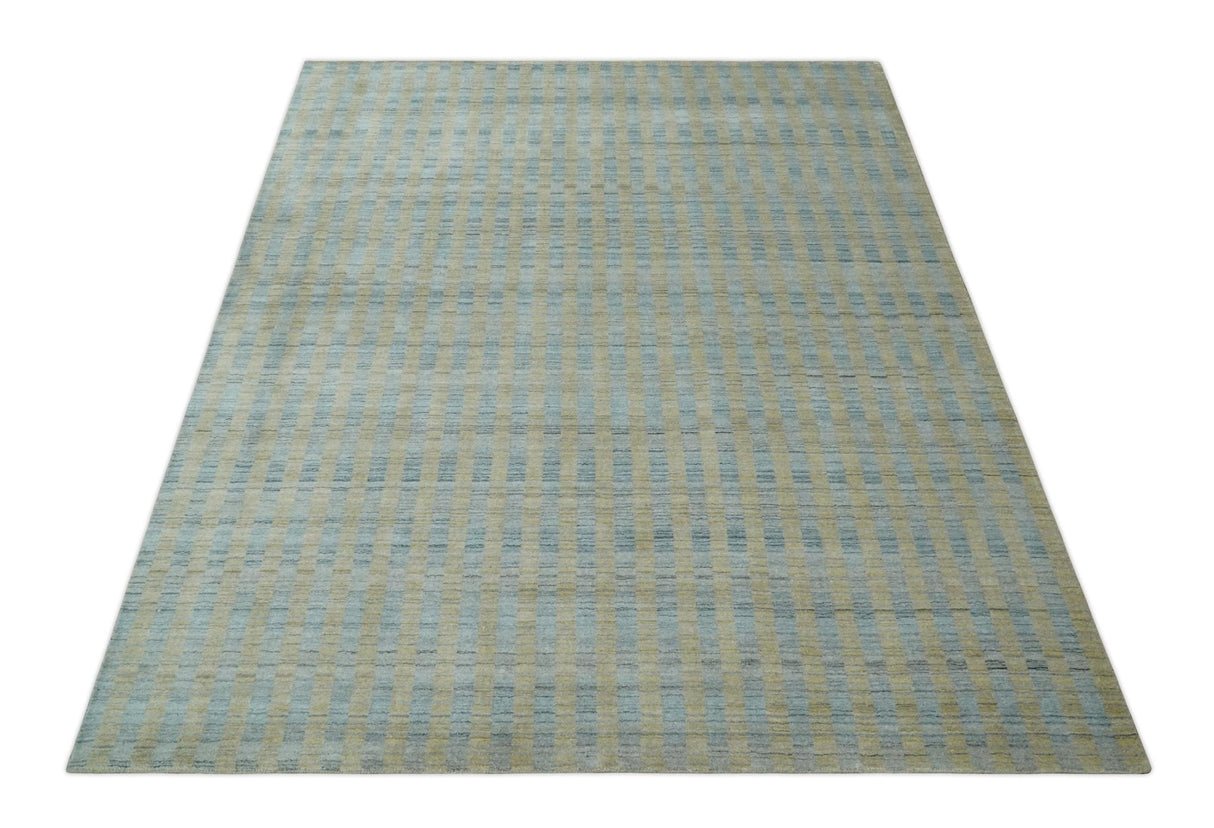 8x10 Hand Made Modern Stripes Camel and Silver Blended Wool Flatwoven Area Rug