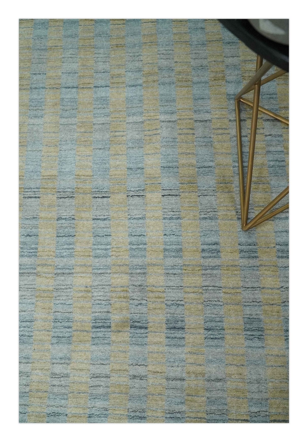 8x10 Hand Made Modern Stripes Camel and Silver Blended Wool Flatwoven Area Rug