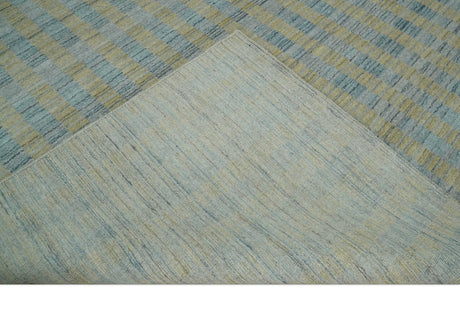8x10 Hand Made Modern Stripes Camel and Silver Blended Wool Flatwoven Area Rug