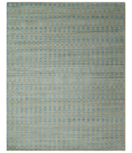 8x10 Hand Made Modern Stripes Camel and Silver Blended Wool Flatwoven Area Rug