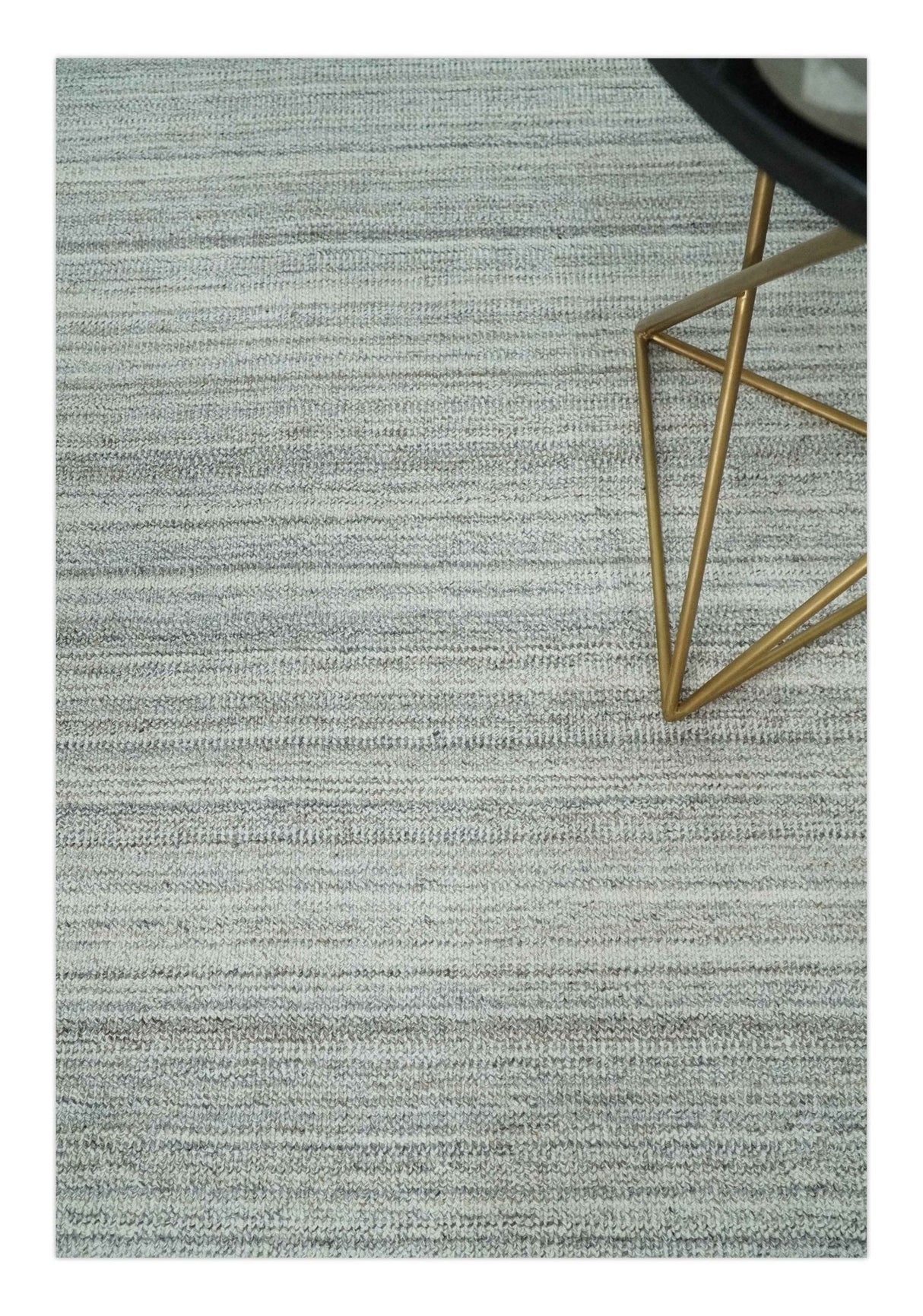8x10 Hand Made Solid Ivory and Brown Blended Wool Flatwoven Area Rug
