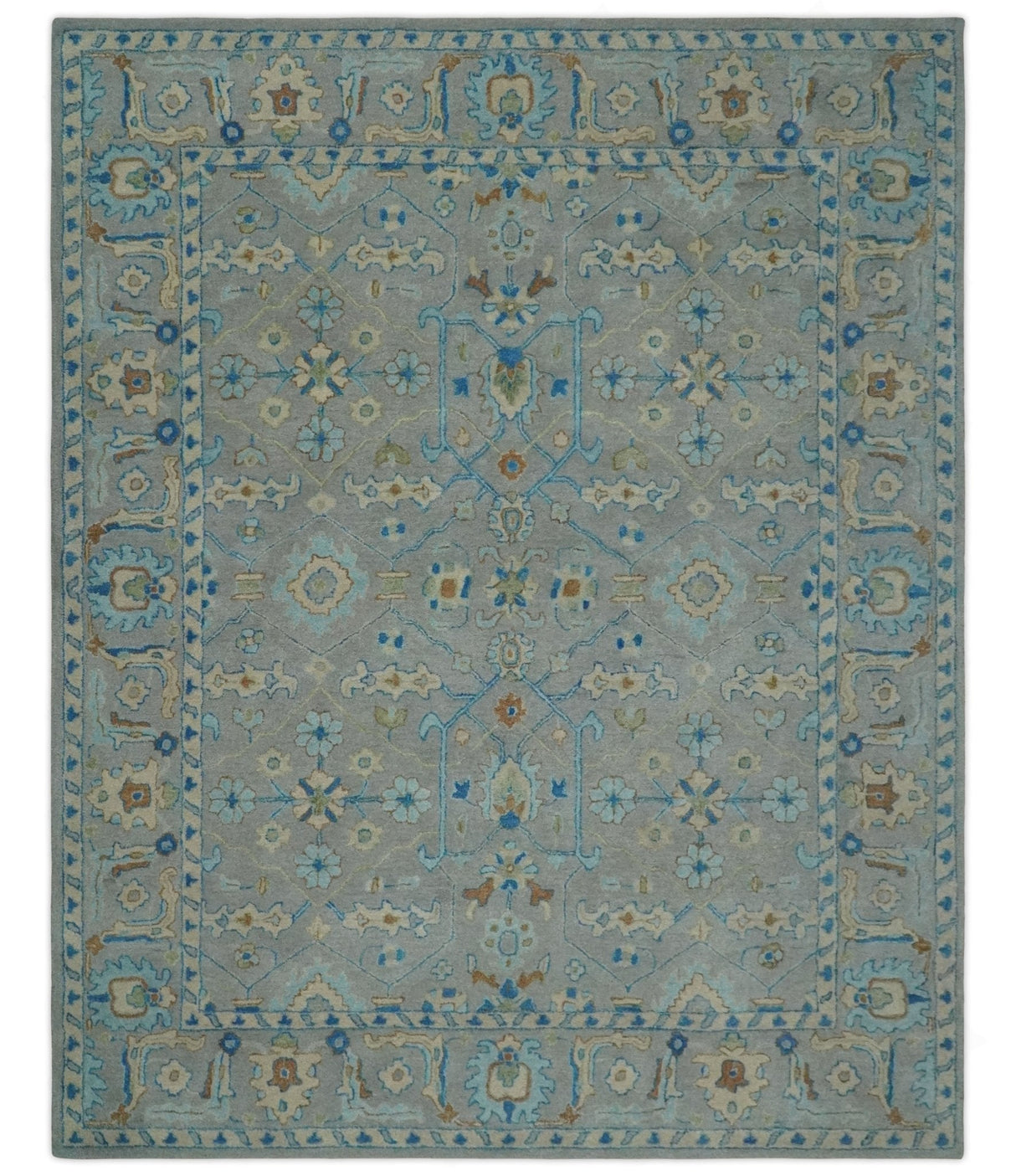 8x10 Hand Tufted Gray, Beige and Accent Blue Traditional Herati Design Wool Rug-Area Rug-Parc Decor