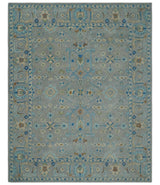 8x10 Hand Tufted Gray, Beige and Accent Blue Traditional Herati Design Wool Rug-Area Rug-Parc Decor
