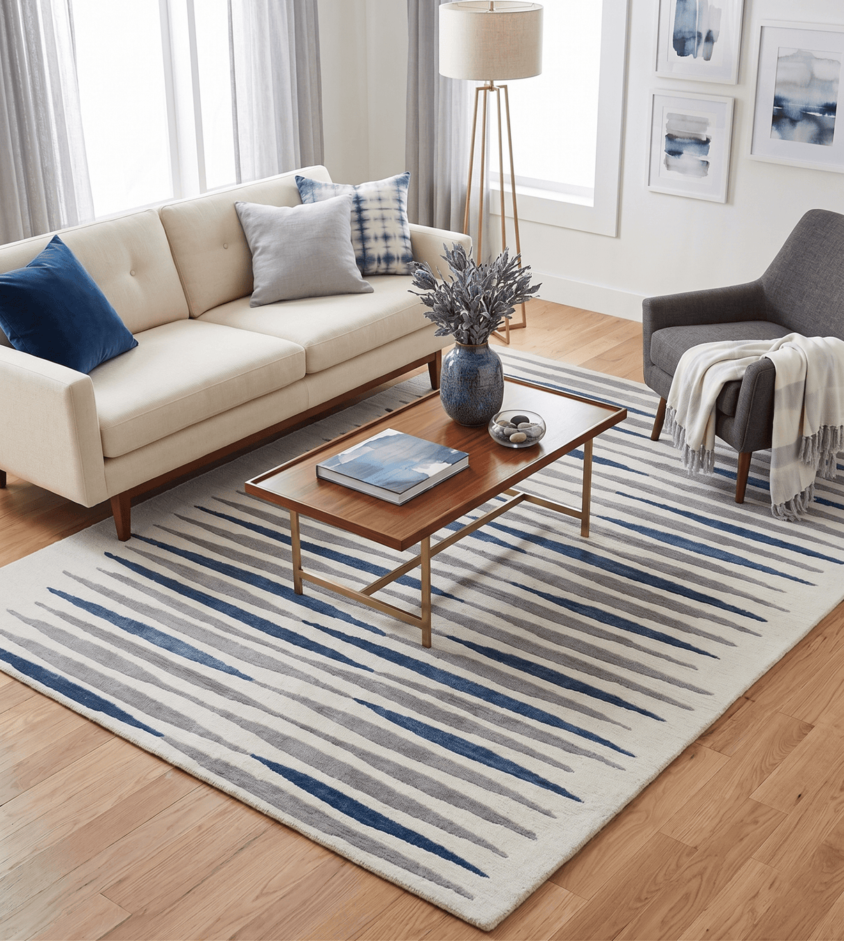 8x10 Hand Tufted White, Blue and Camel Modern Stripe Wool Area Rug
