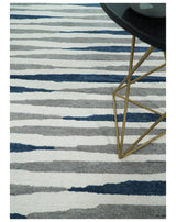 8x10 Hand Tufted White, Blue and Camel Modern Stripe Wool Area Rug