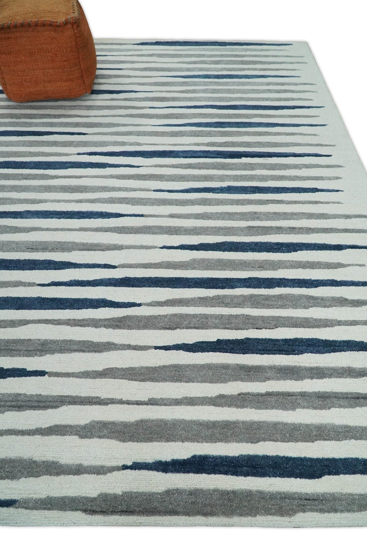 8x10 Hand Tufted White, Blue and Camel Modern Stripe Wool Area Rug