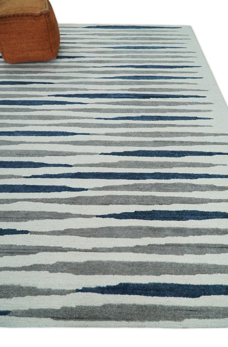 8x10 Hand Tufted White, Blue and Camel Modern Stripe Wool Area Rug