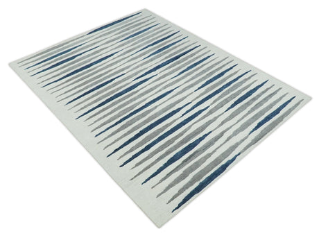 8x10 Hand Tufted White, Blue and Camel Modern Stripe Wool Area Rug