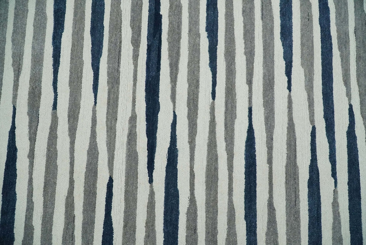 8x10 Hand Tufted White, Blue and Camel Modern Stripe Wool Area Rug