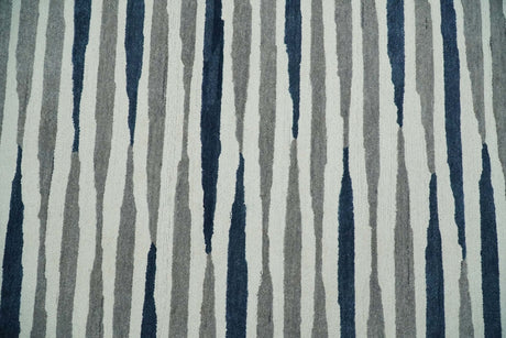8x10 Hand Tufted White, Blue and Camel Modern Stripe Wool Area Rug