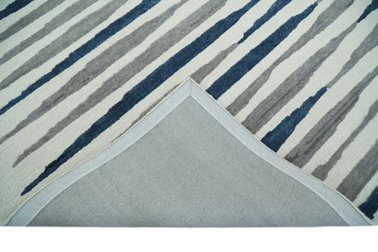 8x10 Hand Tufted White, Blue and Camel Modern Stripe Wool Area Rug