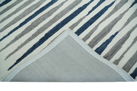 8x10 Hand Tufted White, Blue and Camel Modern Stripe Wool Area Rug