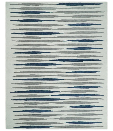 8x10 Hand Tufted White, Blue and Camel Modern Stripe Wool Area Rug