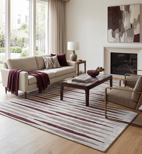 8x10 Ivory and Pink Hand Tufted Modern Scandinavian Stripe Wool Area Rug
