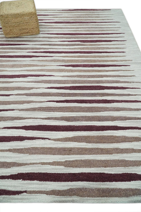 8x10 Ivory and Pink Hand Tufted Modern Scandinavian Stripe Wool Area Rug