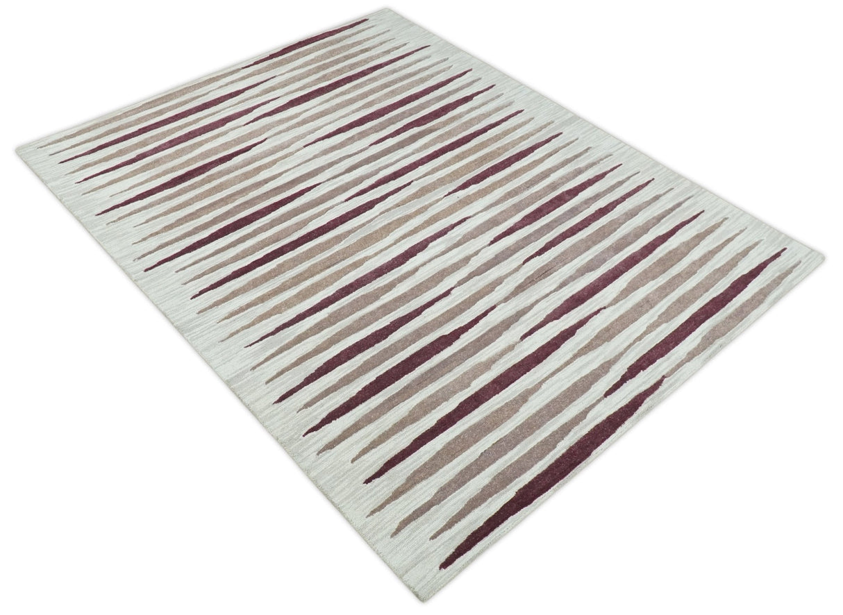 8x10 Ivory and Pink Hand Tufted Modern Scandinavian Stripe Wool Area Rug