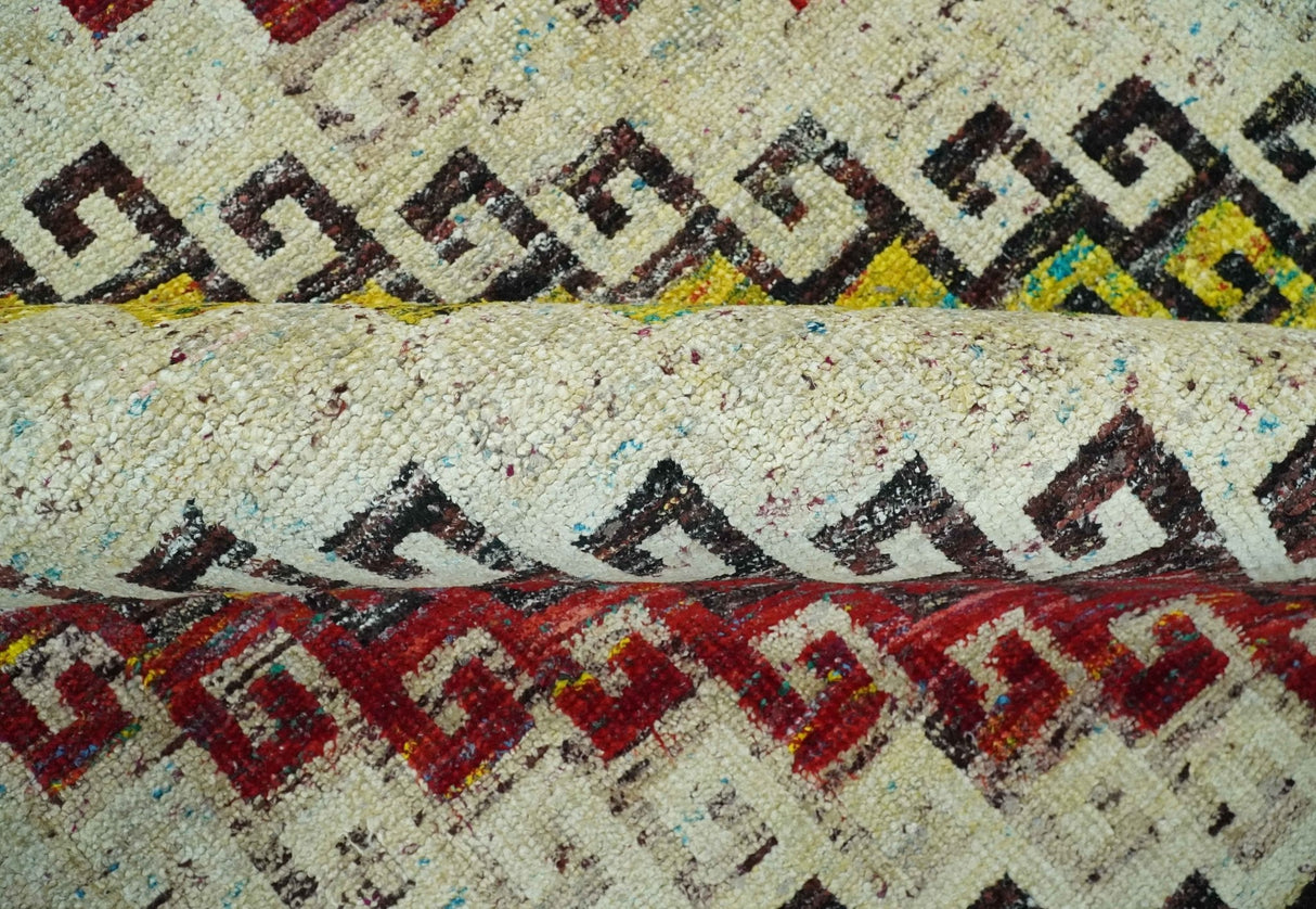 8x10 Ivory, Maroon, Black and Mustard Greek key design Hand Knotted wool area rug