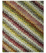 8x10 Ivory, Maroon, Black and Mustard Greek key design Hand Knotted wool area rug